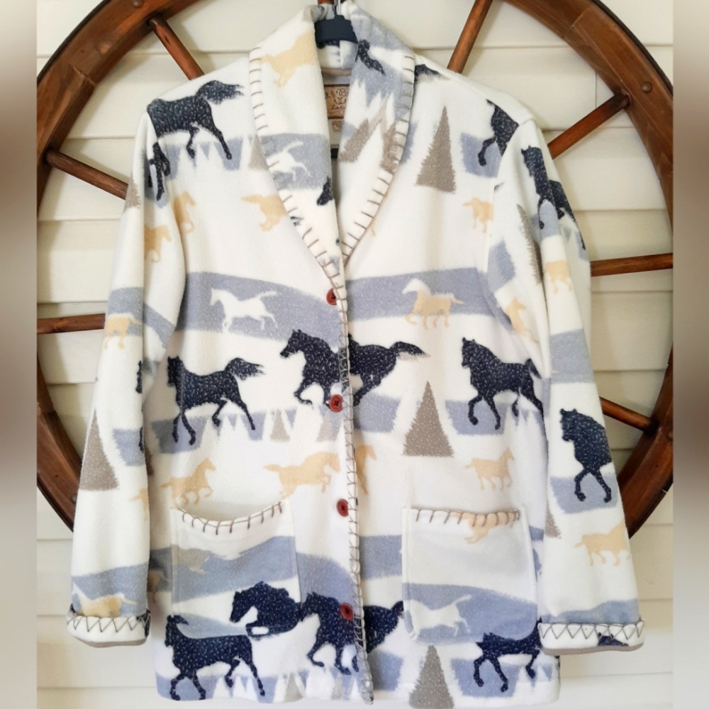 Women's Bit & Bridle Vintage Horse Fleece Sweater Cardigan Large